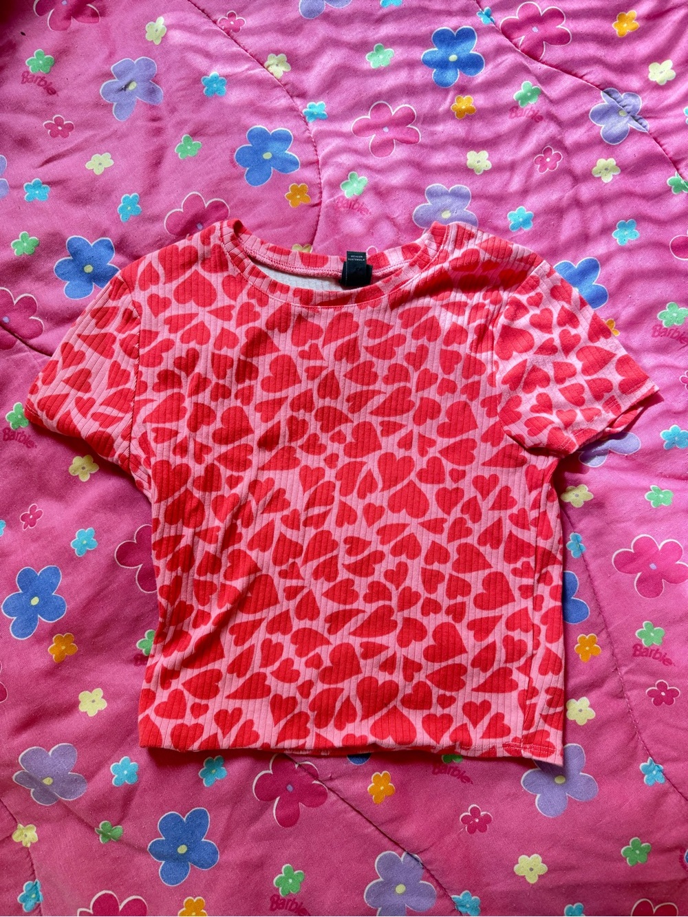 Red Heart Print Ribbed Crop Top